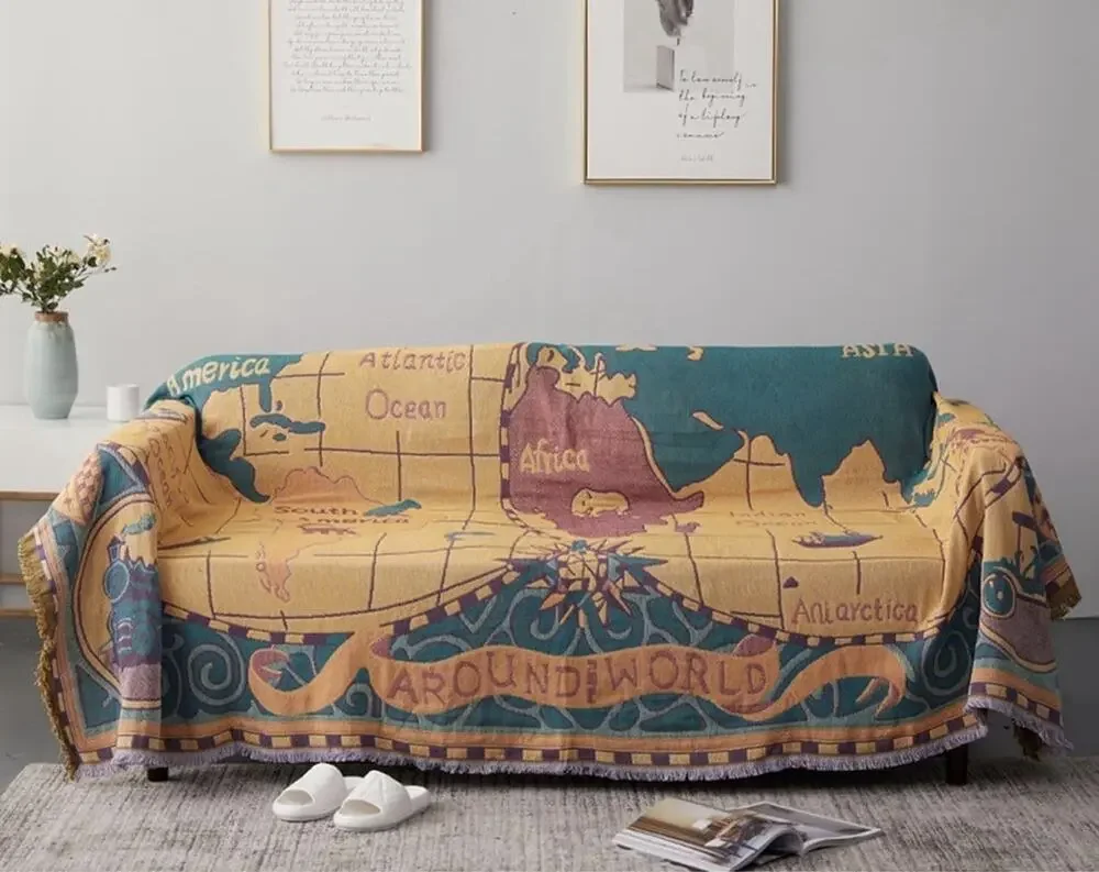 World Map Throw Blanket Wall Tapestry 3 Layers Cotton Woven Sofa Blanket 70x51”